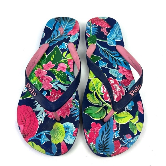 Polo Ralph Lauren Bolt Flip Flops 13-14 Navy Garden Floral Tropical Sandals Mens - Picture 1 of 7